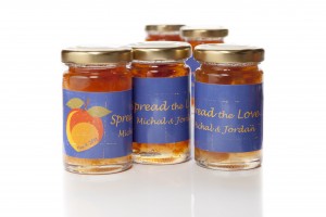 Spread the Love jam jars Custom peach jams for a Georgia wedding reception.